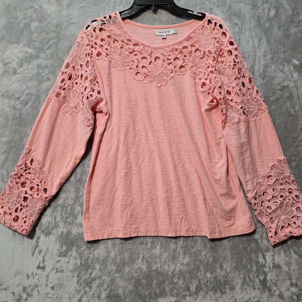 Time For Me Shirt Top Blouse Womens Pink L Textured Open Lace Shoulders & Cuffs